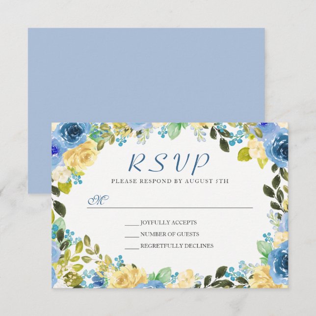 Elegant Watercolor Blue Yellow Floral Wreath RSVP (Front/Back)