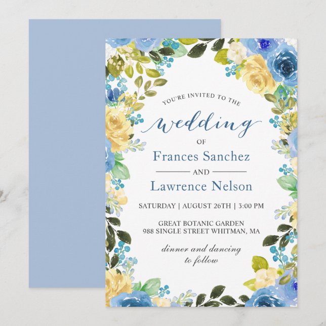Elegant Watercolor Blue Yellow Rose Garden Wedding Invitation (Front/Back)