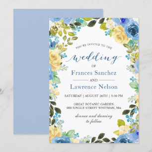 Elegant Watercolor Blue Yellow Rose Garden Wedding Invitation