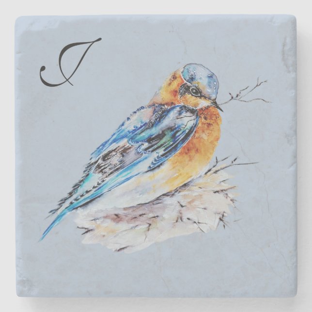 Elegant Watercolor Bluebird Monogram Stone Coaster (Front)