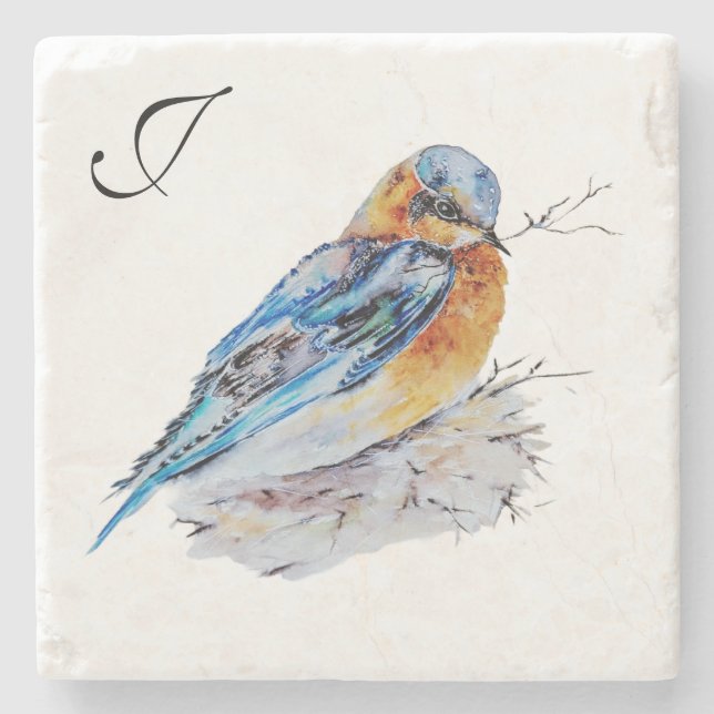 Elegant Watercolor Bluebird Monogram Stone Coaster (Front)