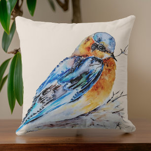 Elegant Watercolor Bluebird Nature Cushion