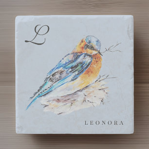 Elegant Watercolor Bluebird Personalise Stone Coaster