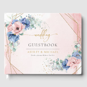 Elegant watercolor blush and blue floral greenery  guest book
