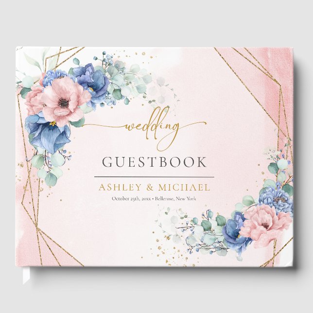 Elegant watercolor blush and blue floral greenery  guest book (Front)