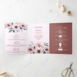 Elegant Watercolor Blush Dusty Rose Floral Wedding Tri-Fold Invitation