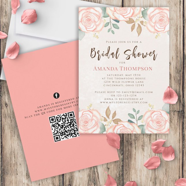 Elegant Watercolor Blush Floral Foliage QR Code Invitation (Creator Uploaded)