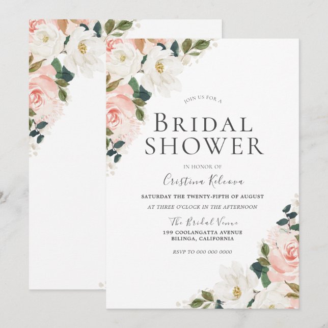 Elegant Watercolor Blush Floral Leaf Bridal Shower Invitation (Front/Back)