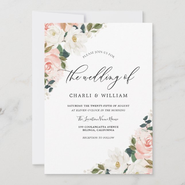 Elegant Watercolor Blush Floral Leaf Wedding Invitation (Front)