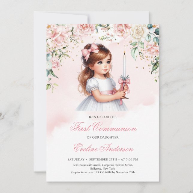 Elegant watercolor blush floral wreath cute girl invitation (Front)