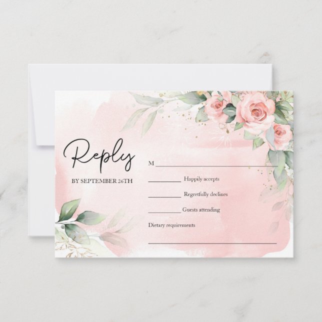 Elegant watercolor blush flowers eucalyptus gold RSVP card (Front)