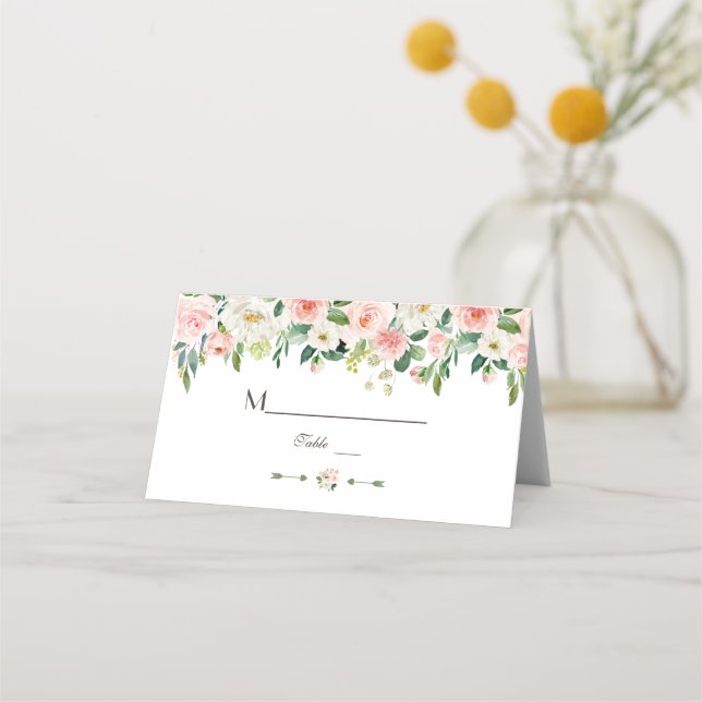 Elegant Watercolor Blush Flowers Gold Table Number Place Card (Front)