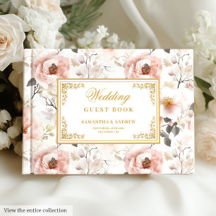 Elegant watercolor blush flowers gold wedding  guest book