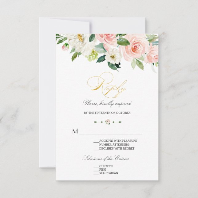 Elegant Watercolor Blush Flowers Gold Wedding RSVP Card (Front)