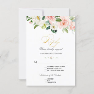 Elegant Watercolor Blush Flowers Gold Wedding RSVP Card