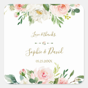 Elegant Watercolor Blush Flowers Gold Wedding Square Sticker