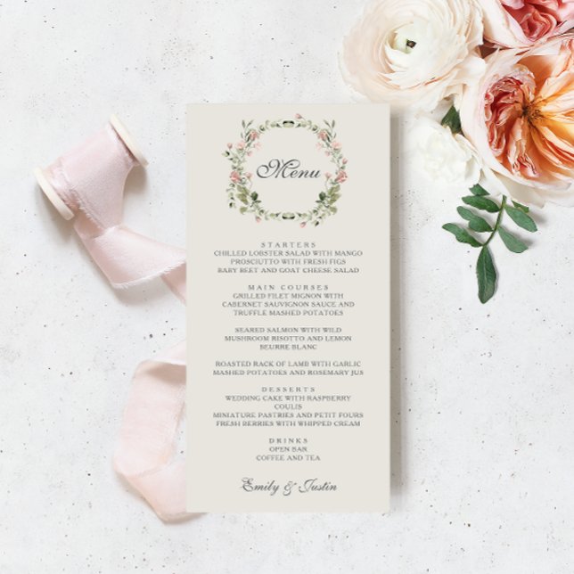 Elegant Watercolor Blush Garden Pink Rose Wedding Menu (Creator Uploaded)