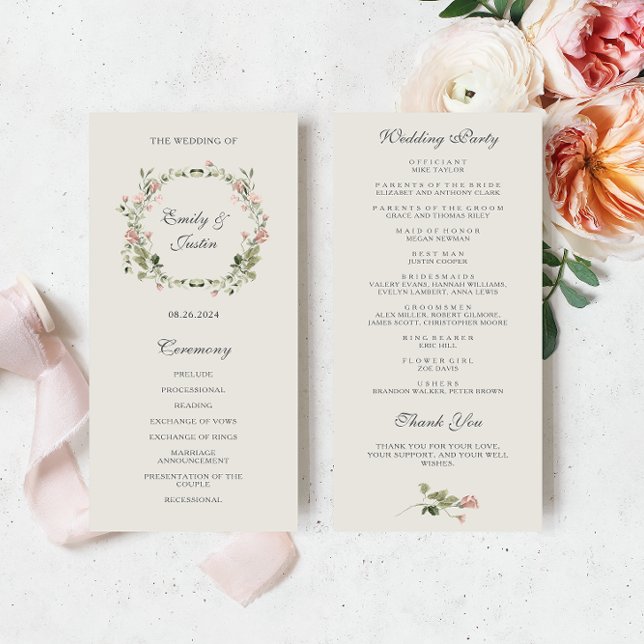 Elegant Watercolor Blush Garden Pink Rose Wedding Programme (Creator Uploaded)
