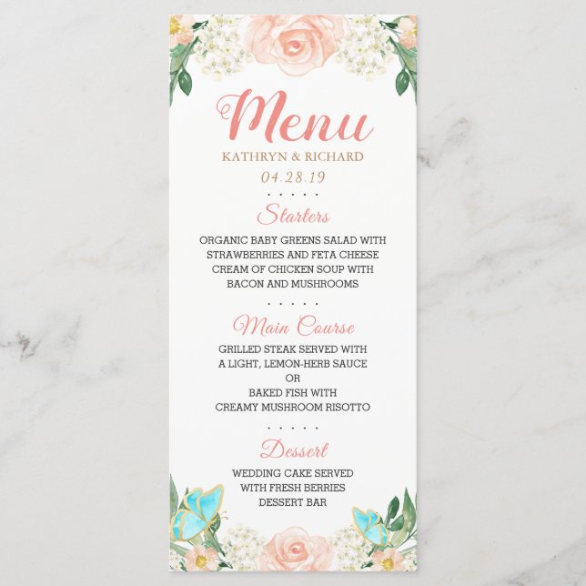 Elegant Watercolor Blush Peach Floral Wedding Menu (Front)