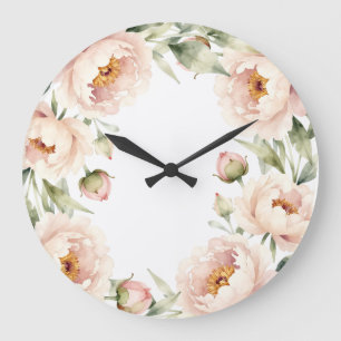 Elegant watercolor blush peony floral background large clock