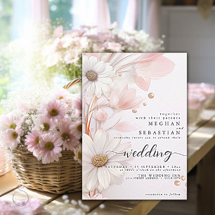 Elegant Watercolor Blush Pink Daisies Wedding  Invitation