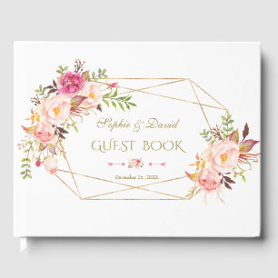 Elegant Watercolor Blush Pink Floral Gold Wedding Guest Book