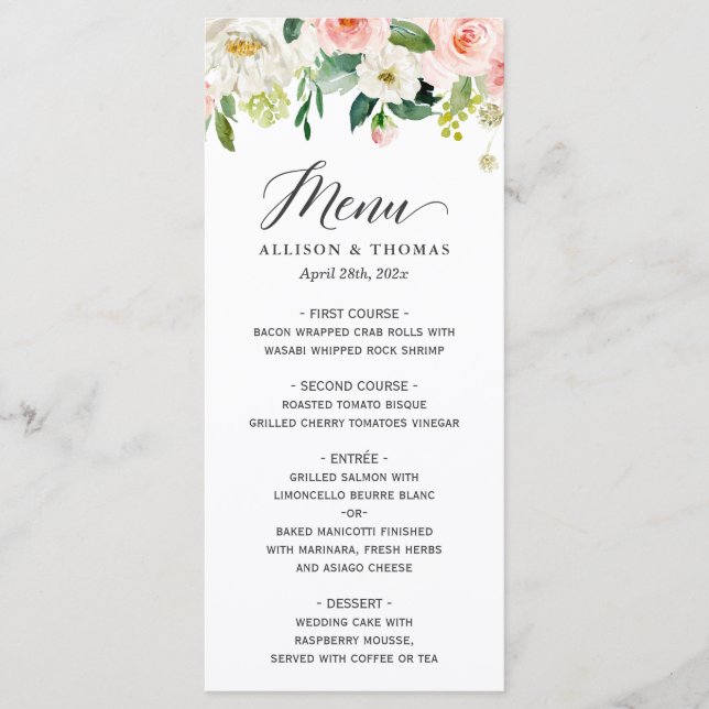 Elegant Watercolor Blush Pink Floral Wedding Menu (Front)