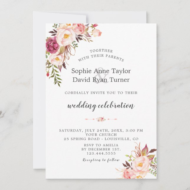 Elegant Watercolor Blush Pink Flowers Wedding Invitation (Front)