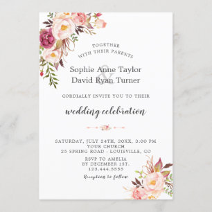 Elegant Watercolor Blush Pink Flowers Wedding Invitation