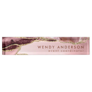 Elegant Watercolor Blush Pink Gold Glitter Agate Nameplate