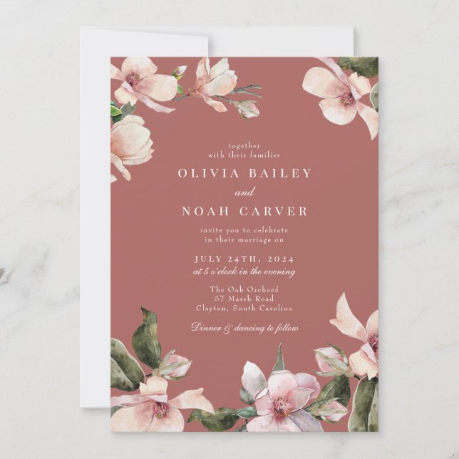 Elegant Watercolor Blush Pink Magnolia Invitation (Front)