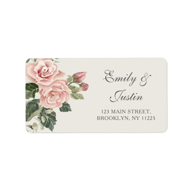 Elegant Watercolor Blush Pink Rose Wedding Address Label (Front)