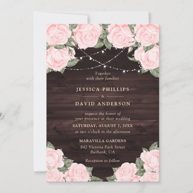 Elegant Watercolor Blush Pink Rustic Wedding Invitation (Front)