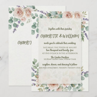Elegant Watercolor Blush Roses & Lavender Invitation
