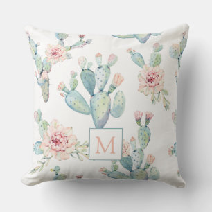 Elegant Watercolor Boho Cactus Pattern Monogram Cushion