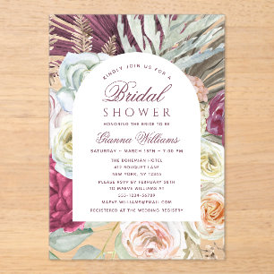 Elegant Watercolor Boho Floral Bridal Shower Acrylic Invitations