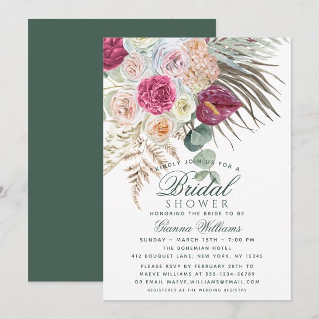 Elegant Watercolor Boho Floral Bridal Shower Invitation (Front/Back)