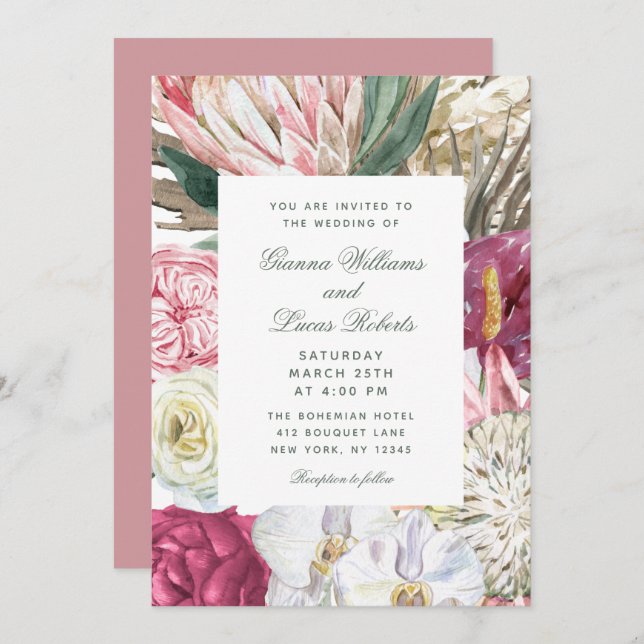 Elegant Watercolor Boho Floral Country Wedding Invitation (Front/Back)