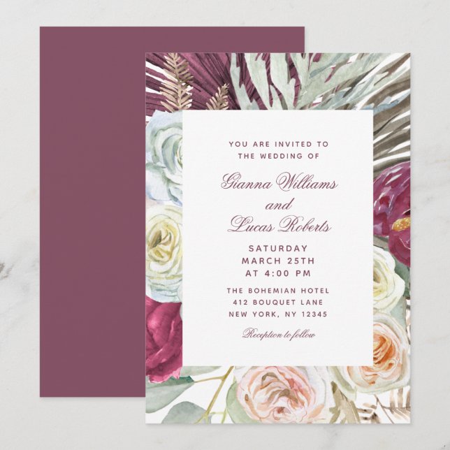 Elegant Watercolor Boho Floral Country Wedding Invitation (Front/Back)
