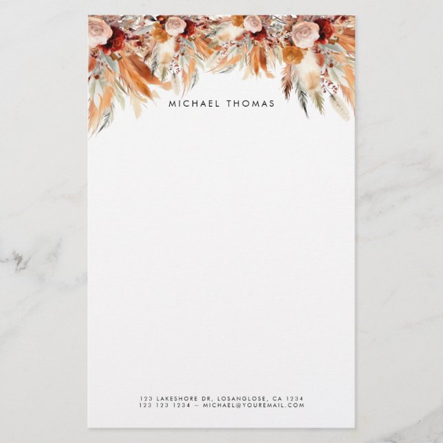 Elegant Watercolor Boho Floral Personalised  Stationery (Front)