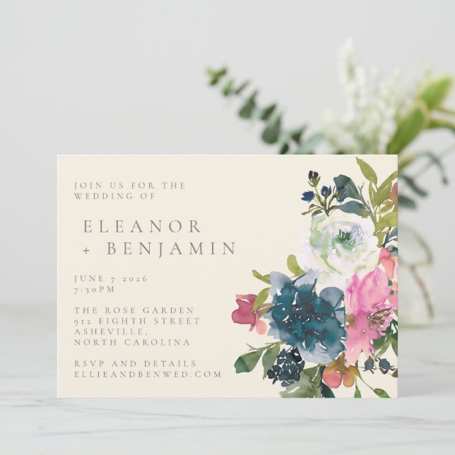 Elegant Watercolor Boho Pink Navy Floral Wedding Invitation (Standing Front)