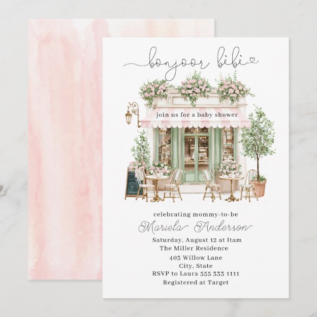 Elegant Watercolor bonjoor bebe  Baby Shower Invitation (Front/Back)
