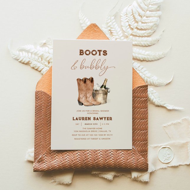Elegant Watercolor Boots & Bubbly Bridal Shower Invitation (Creator Uploaded)