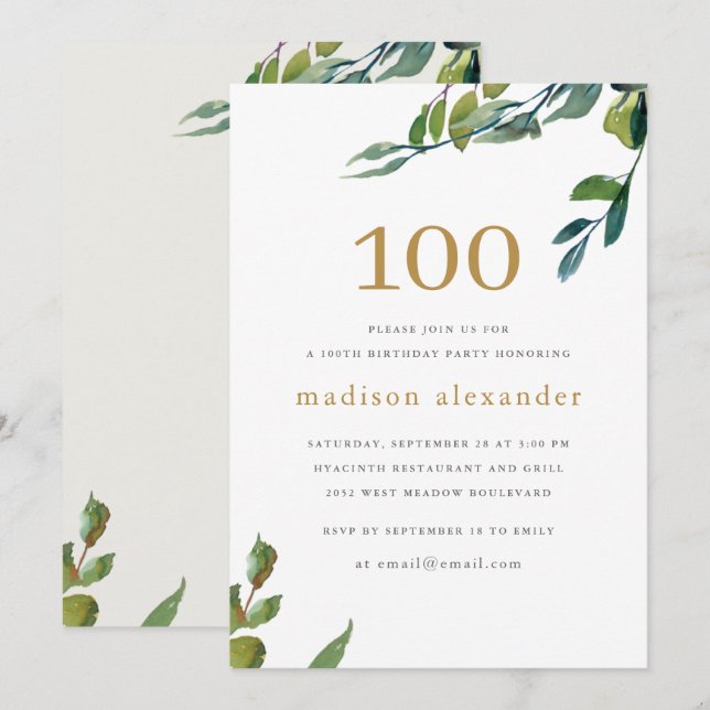 Elegant Watercolor Botanical 100th Birthday Invitation (Front/Back)