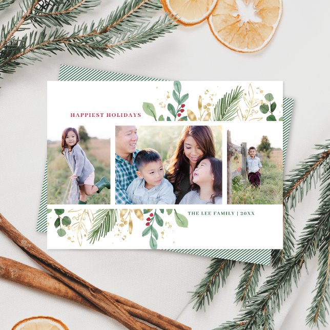 Elegant Watercolor Botanical 3 Photo Christmas Holiday Card (Creator Uploaded)