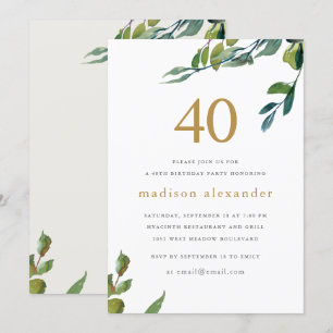 Elegant Watercolor Botanical 40th Birthday Invitation