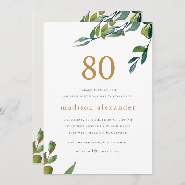 Elegant Watercolor Botanical 80th Birthday Invitation (Front/Back)