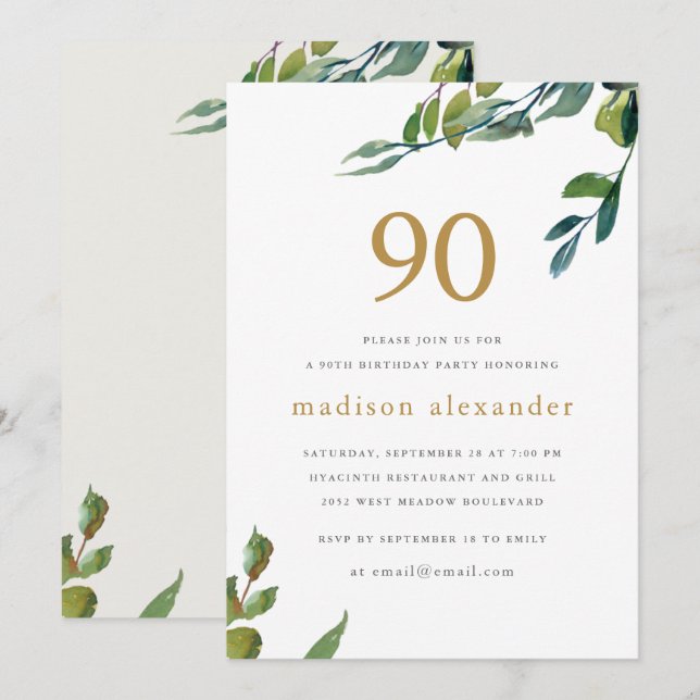 Elegant Watercolor Botanical 90th Birthday Invitation (Front/Back)