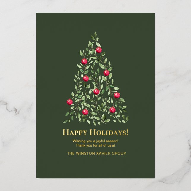 Elegant Watercolor Botanical Christmas Tree Gold Foil Holiday Card (Front)