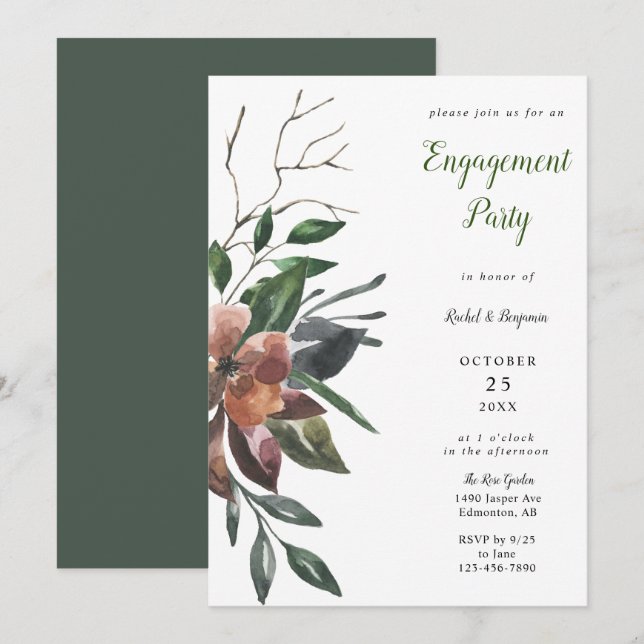 elegant watercolor botanical engagement party invitation (Front/Back)